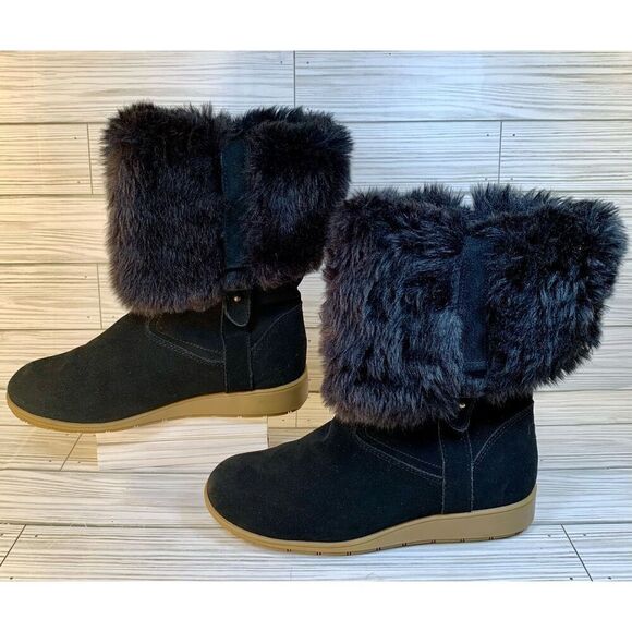 Lands End Mendota Tall Boots Black Suede W/ Faux Fur S:6.5 - Picture 2 of 8